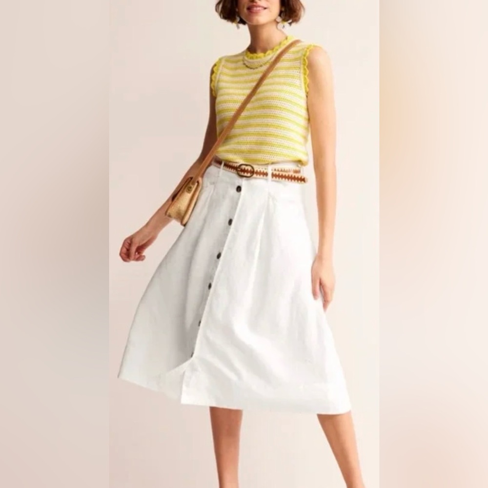 Boden White A-Line Button-Front Midi Skirt